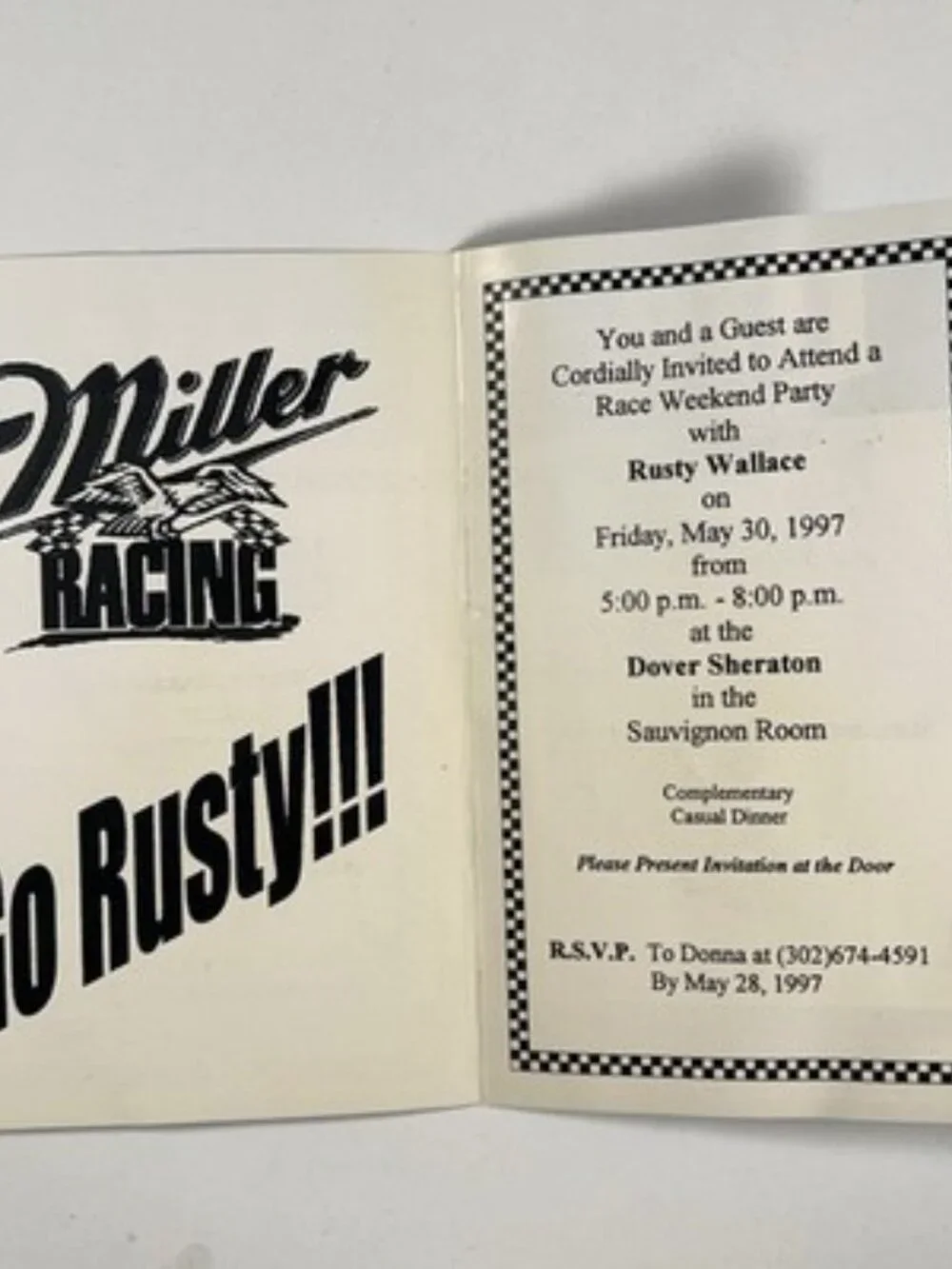 RUSTY WALLACE Signed Autographed Private Dinner Invitation 1997 Dover Delaware